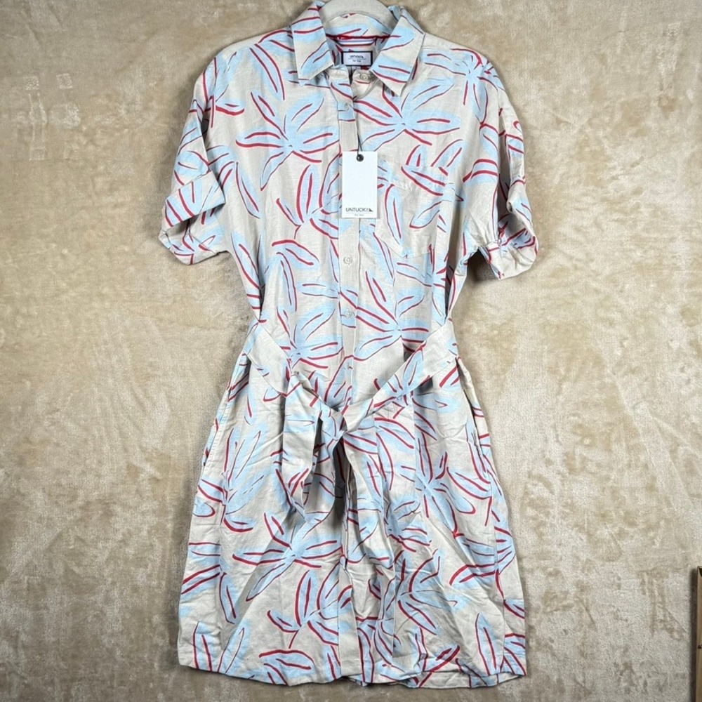 UNTUCKit For Her Betty Linen Blend Shirt Dress Tan Blue Red Leaf Print Small NWT